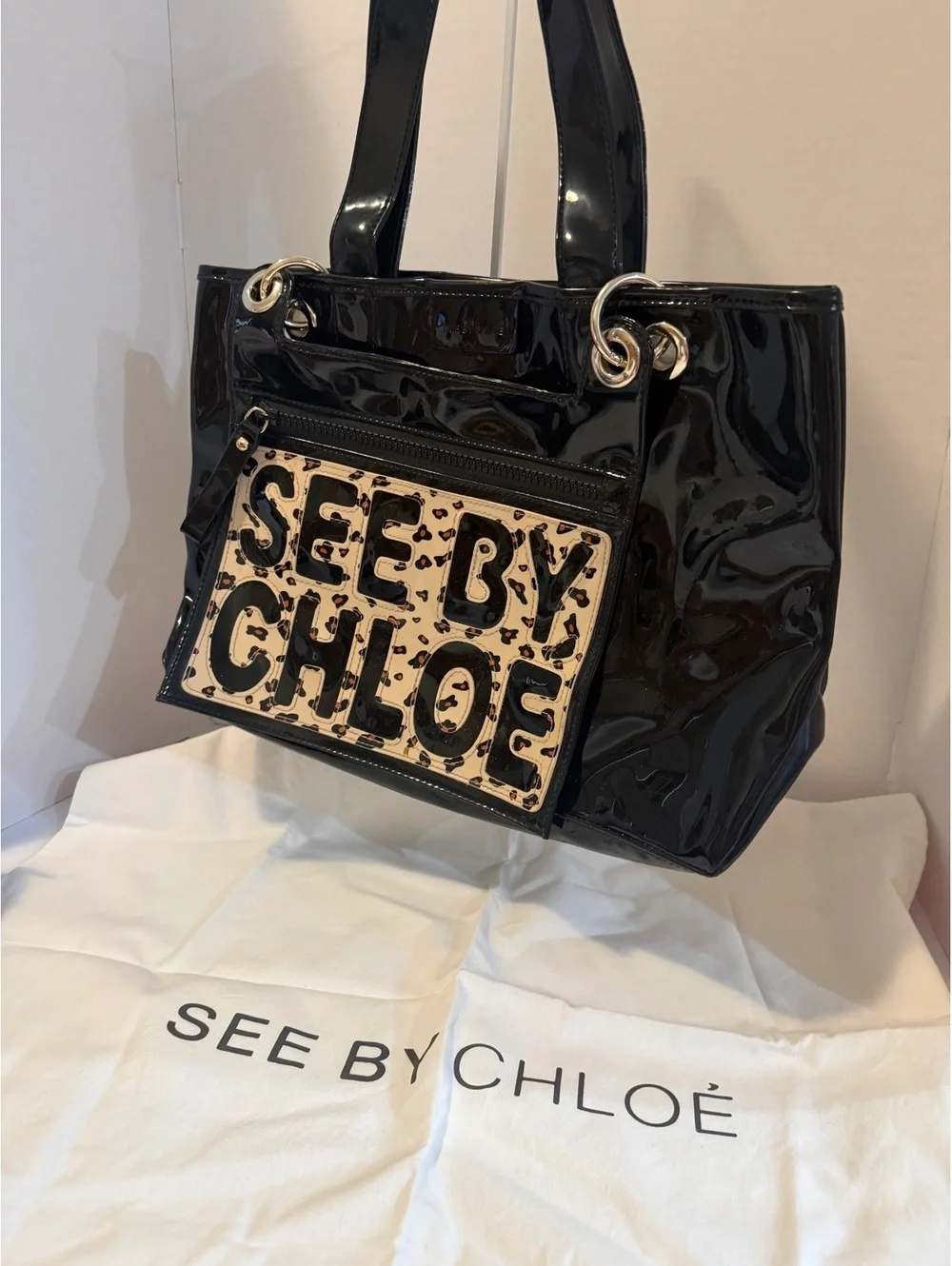 See by Chloé black patent tote bag